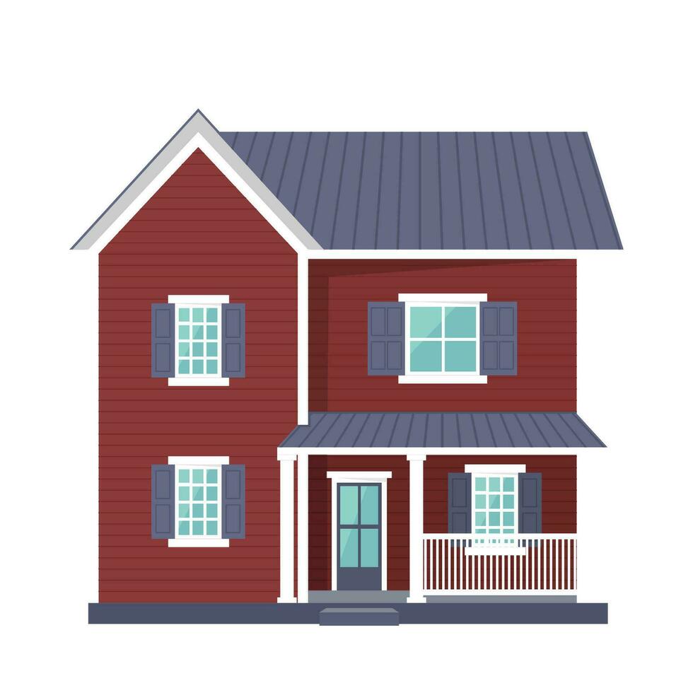 Vector house with porch. Red two-storey house with porch. Vector illustration