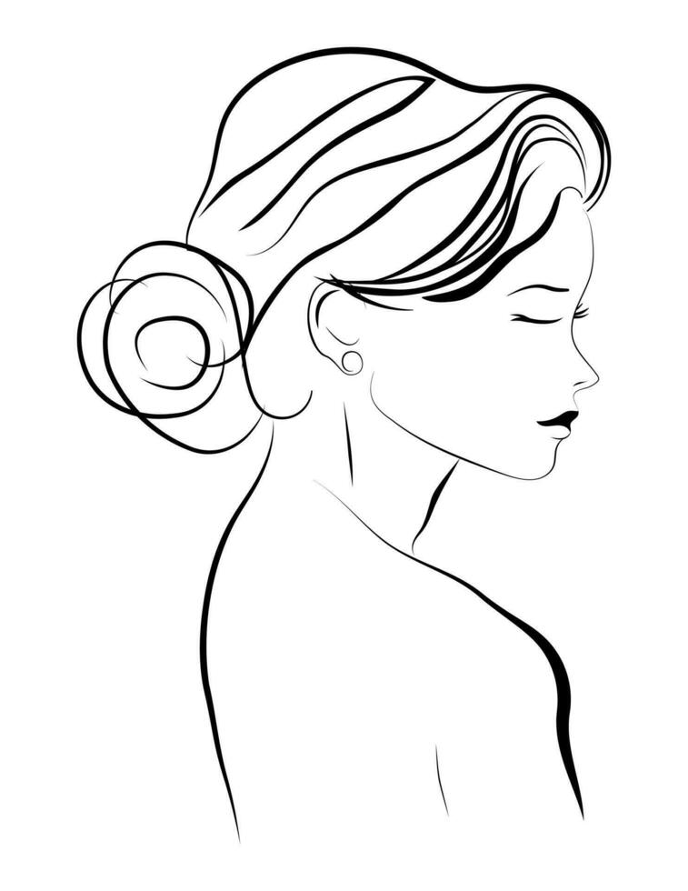 Contour drawing of a young woman. Artline.Black and white image.The girl is drawn sideways vector