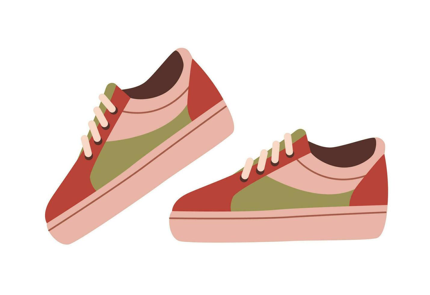 dibujos animados atlético zapatillas. deporte zapato par grupo, aptitud calzado diseño multicolor zapatilla de deporte de activo hombre mujer caminando o corriendo cómodo. vector