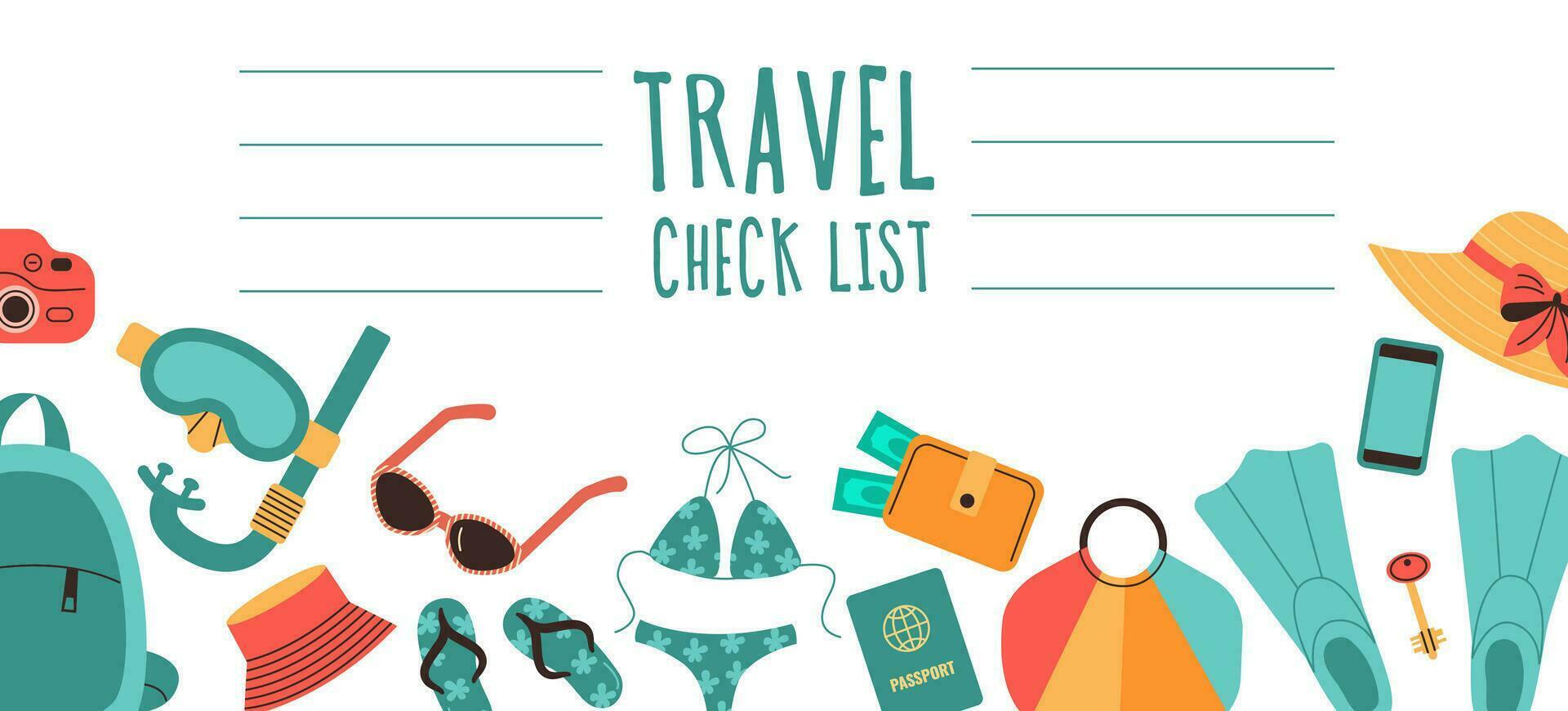 Travel planning, image of notebook, list of things for road, vacation, trip. Flat vector illustration on white background.