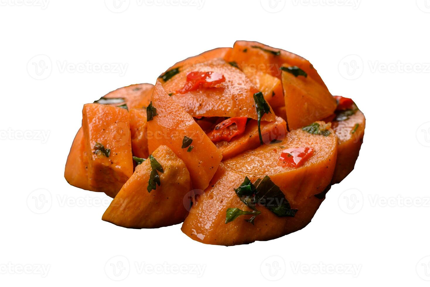 Delicious stewed sweet potato with salt, spices and herbs photo