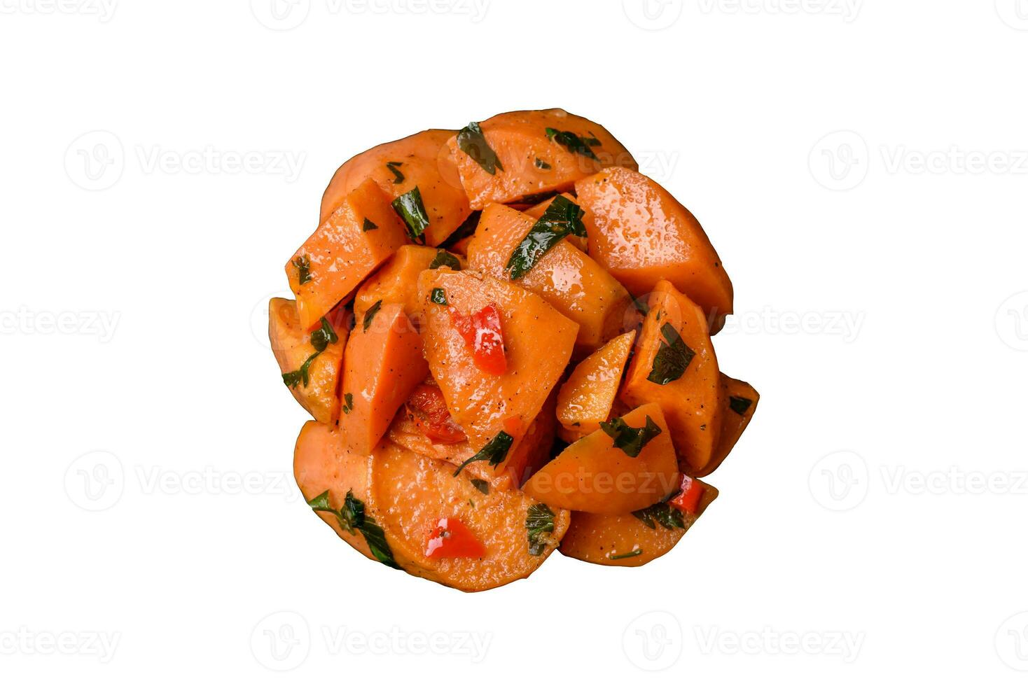 Delicious stewed sweet potato with salt, spices and herbs photo