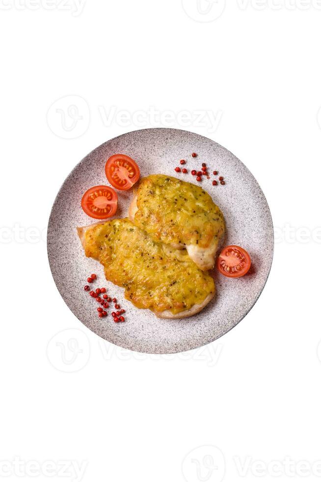 Delicious meat fried with Dijon mustard with salt, spices and herbs photo