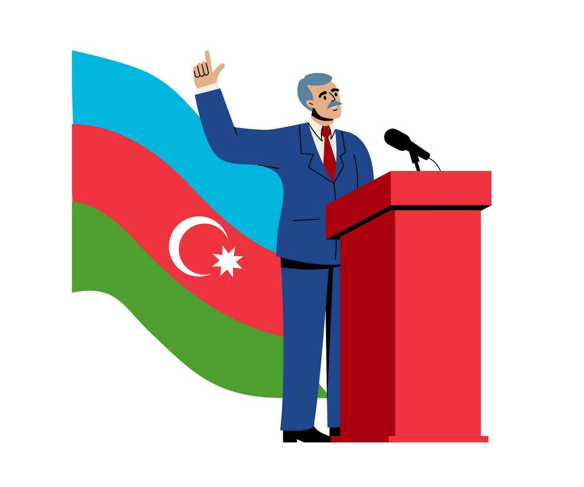 Presidential elections in Azerbaijan. A male politician in a suit raised his hand. There is a flag on the background. Vector illustration