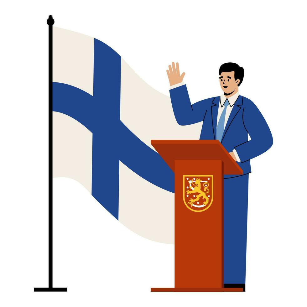 el presidente de Finlandia toma el juramento de oficina en frente de el bandera. presidencial elecciones en el país. un hombre en un traje, un político. departamento, dibujos animados ilustración vector