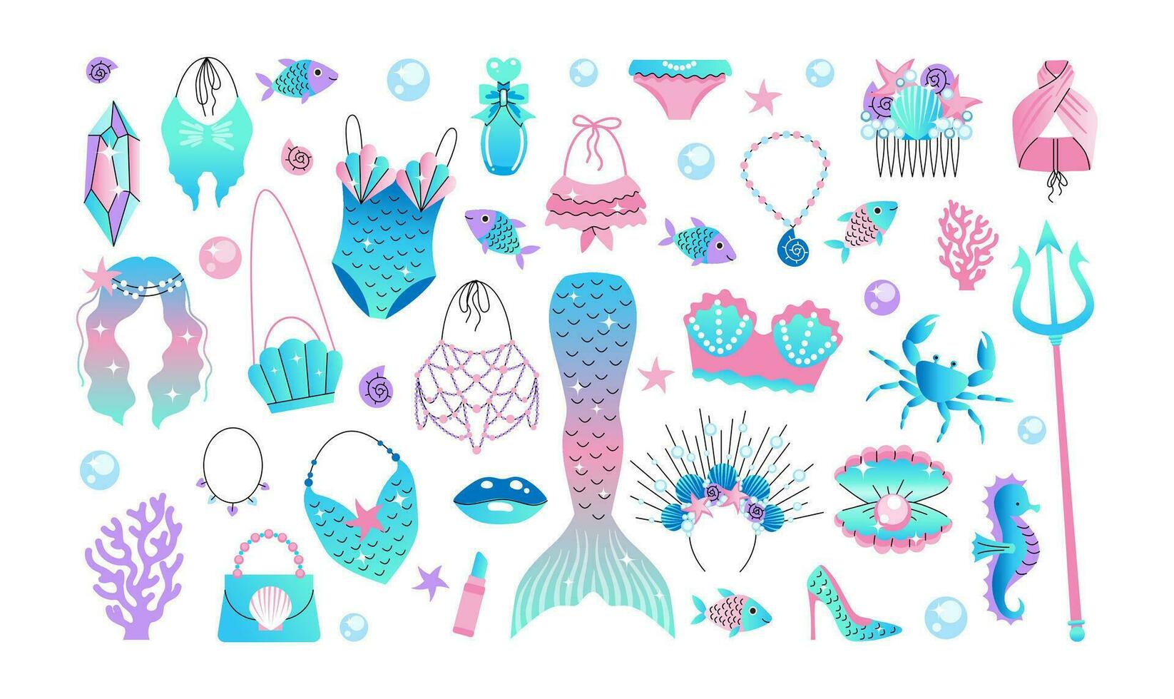 A large set of elements for a mermaid. Marine fashion attributes for a girl. Tail, swimsuit, trident, pearl, fish, Wig. vector