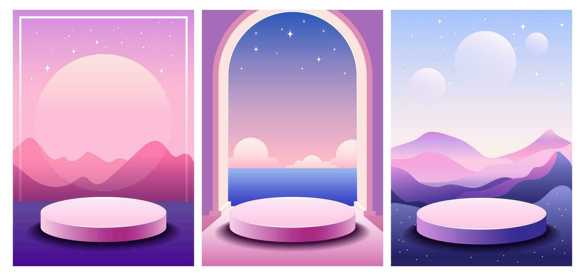 A set of abstract landscape scene with a podium for product display. Retro wave and cyberpunk. neon colors, desert, space views. vector