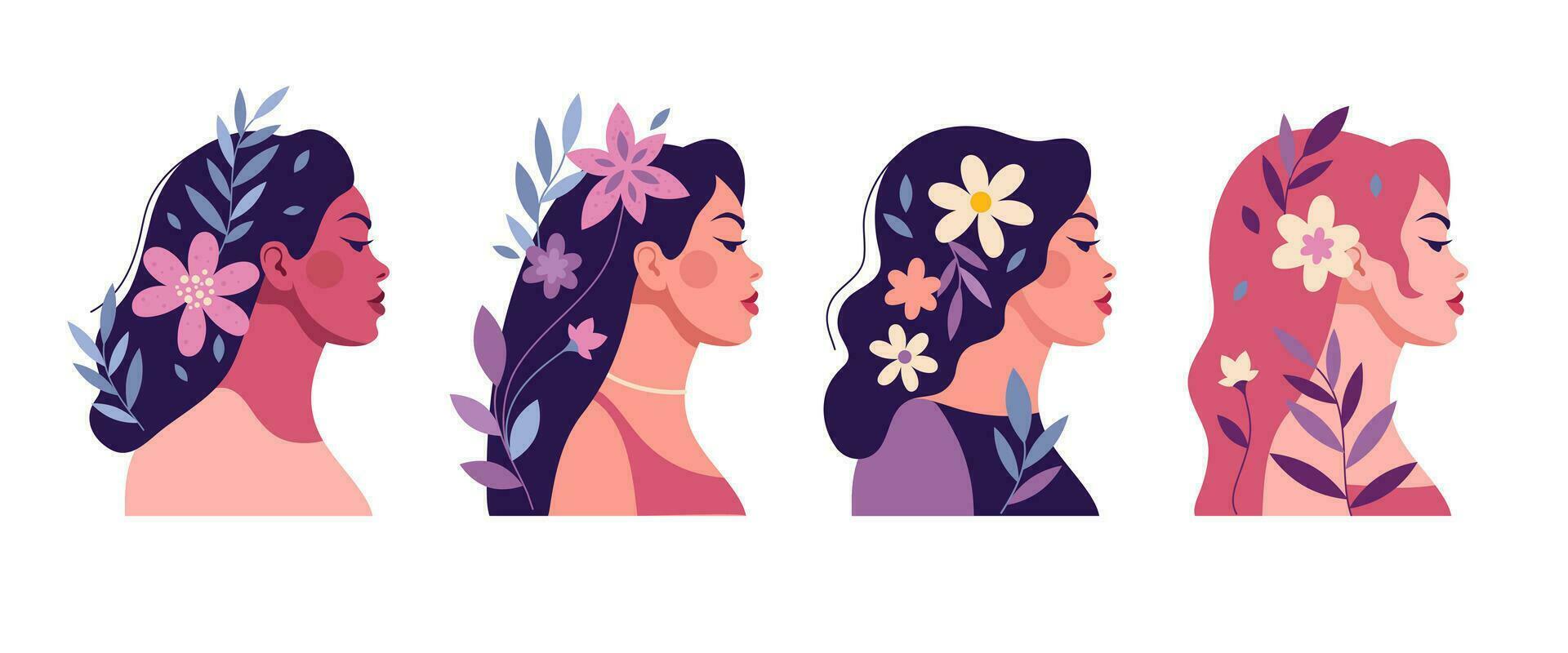 A set of portraits of beautiful women with flowers in their hair. Side view of the girls. International Women's Day. vector