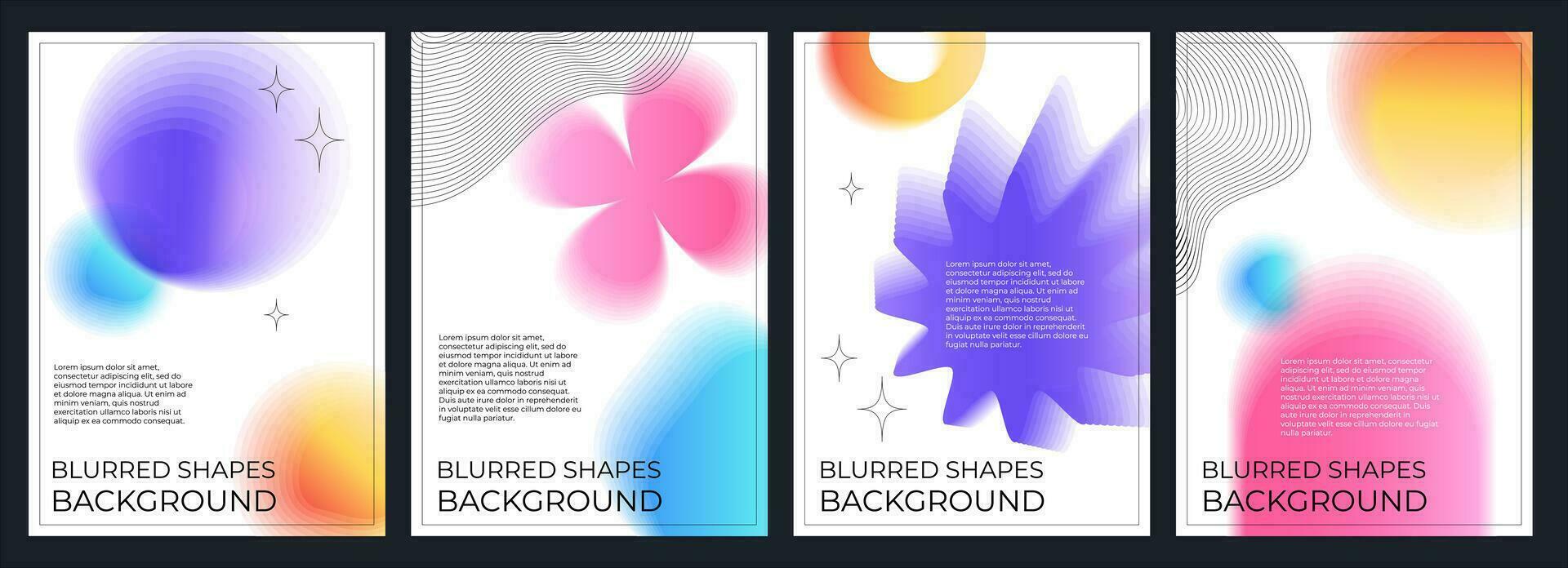 A set of abstract posters with blurred shapes. Gradient template in retrofuturism style, retro wave, y2k, 2000s. Bright acidic colors on a white background vector
