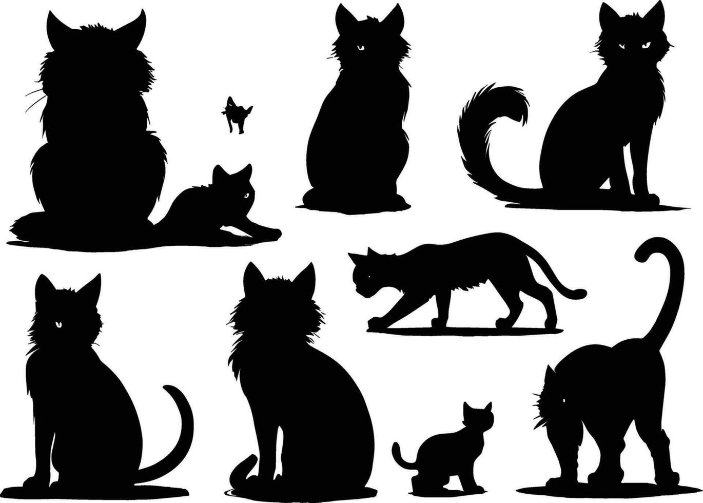 Set of black cats looking out the window, Vector illustration on white background