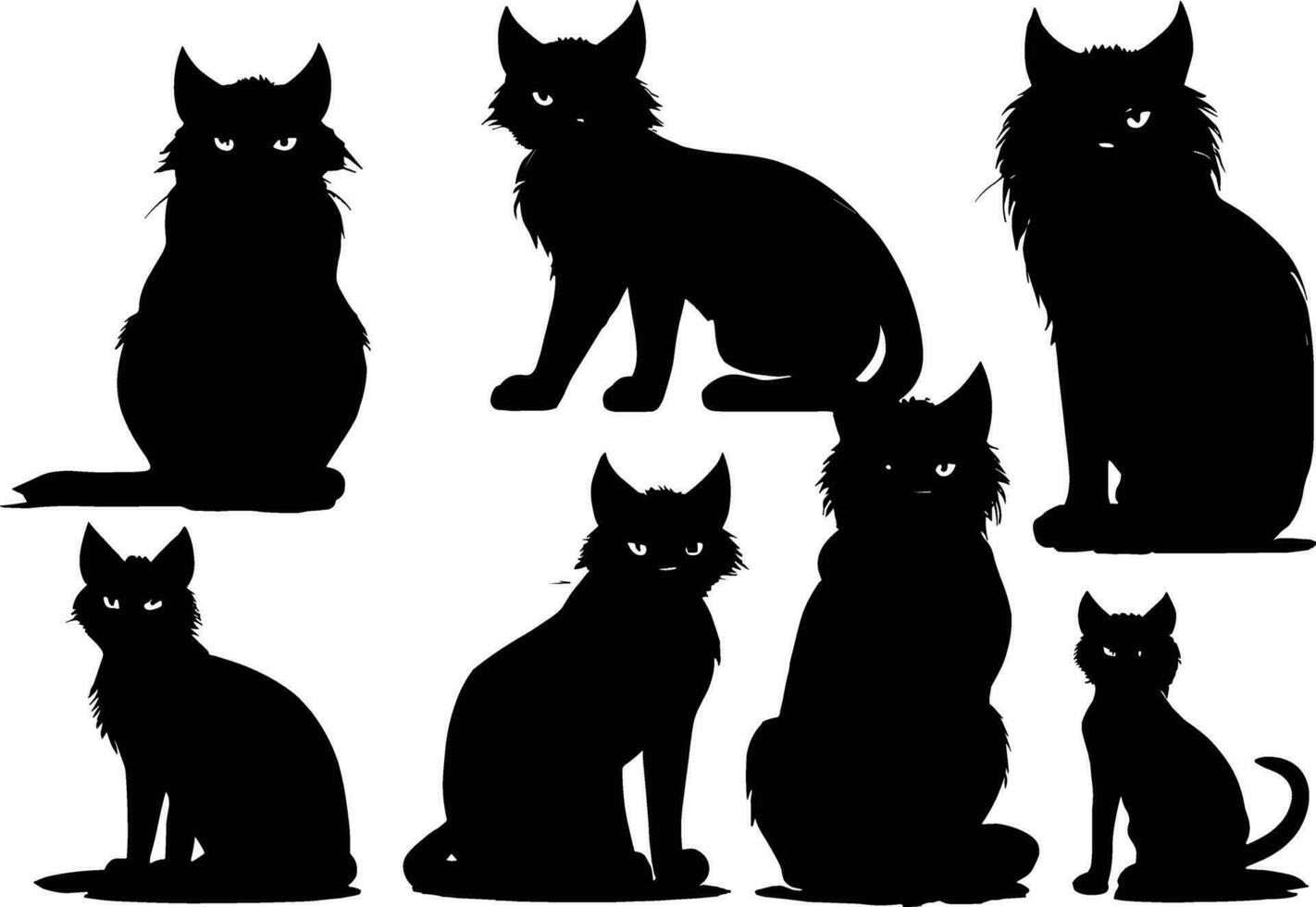 Set of black cats looking out the window, Vector illustration on white background
