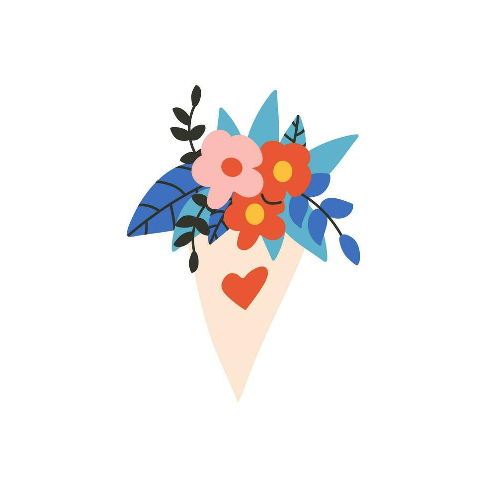 un ramo de flores con flores, ramas y hojas envuelto en papel. símbolo de amar, romance. diseño para San Valentín día. primavera elemento. vector