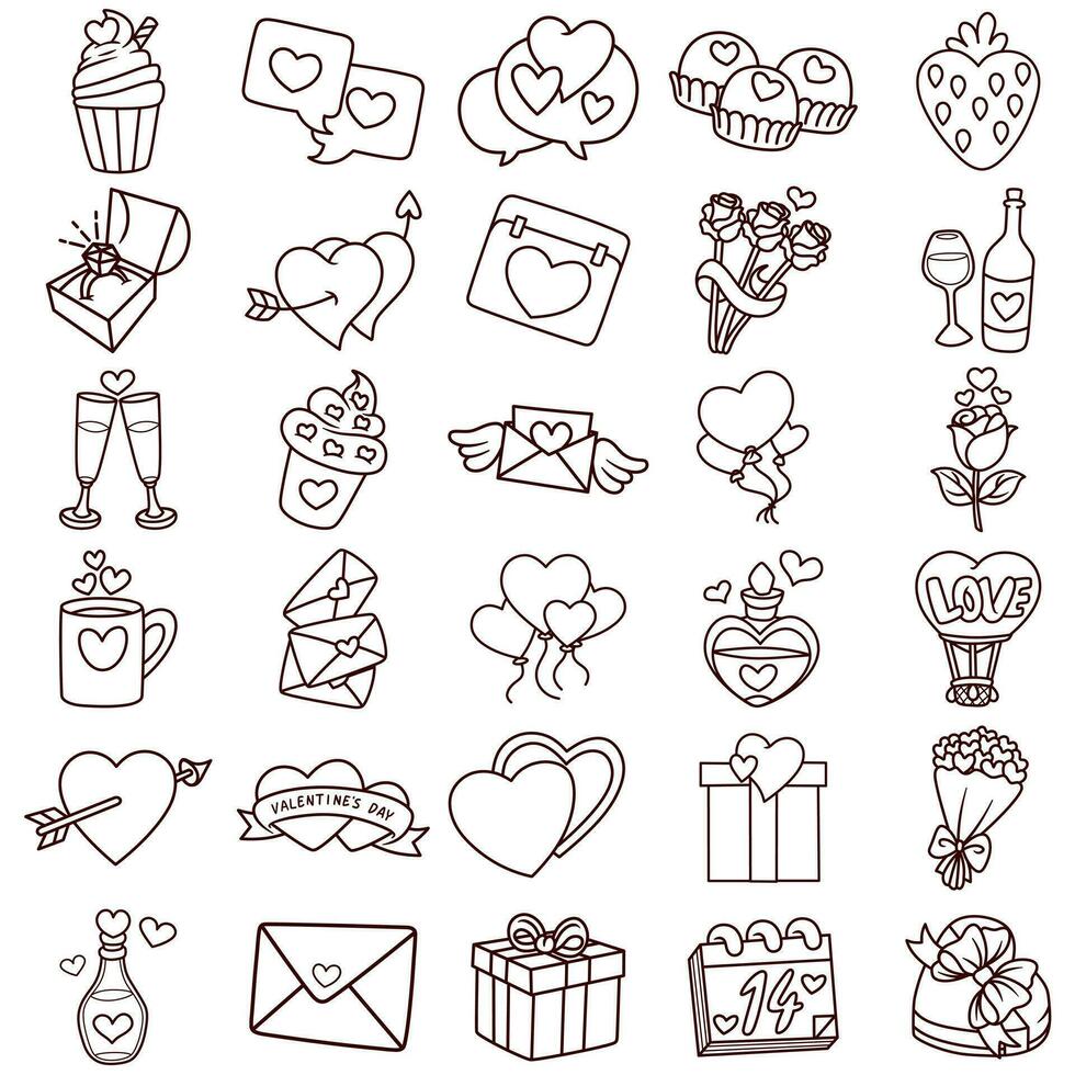 vector illustration set of detailed line art icons with a heart and valentine theme