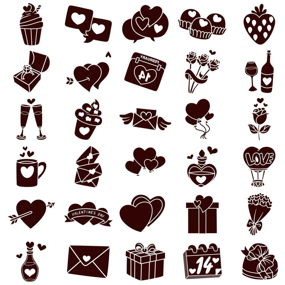 vector illustration set of silhouette icons with a heart and valentine theme
