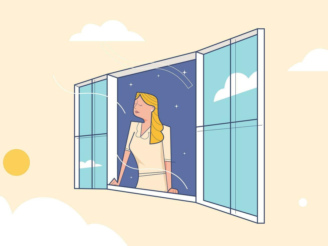 Young woman opening the window with a beautiful view vector