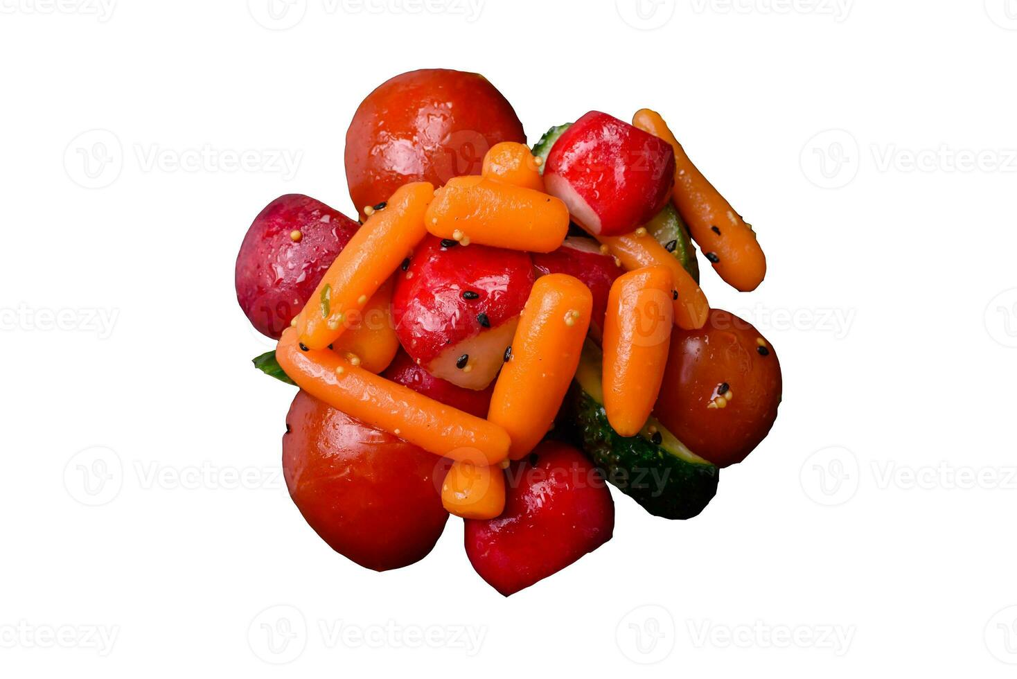 Delicious fresh juicy salad with radishes, tomatoes, carrots, cucumber, spices and herbs photo