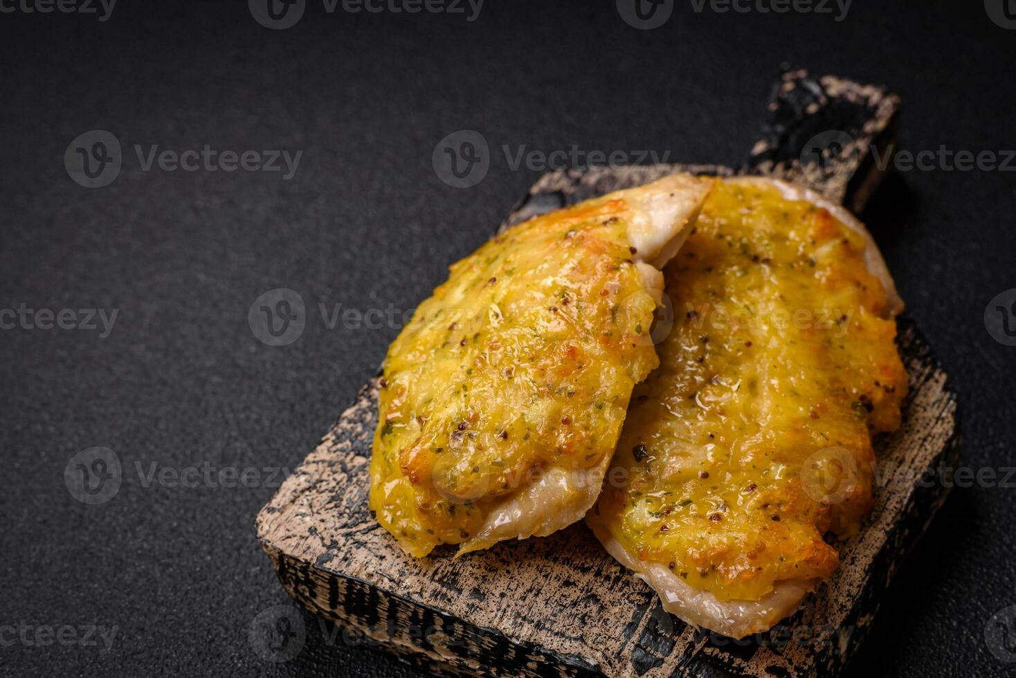 Delicious meat fried with Dijon mustard with salt, spices and herbs photo