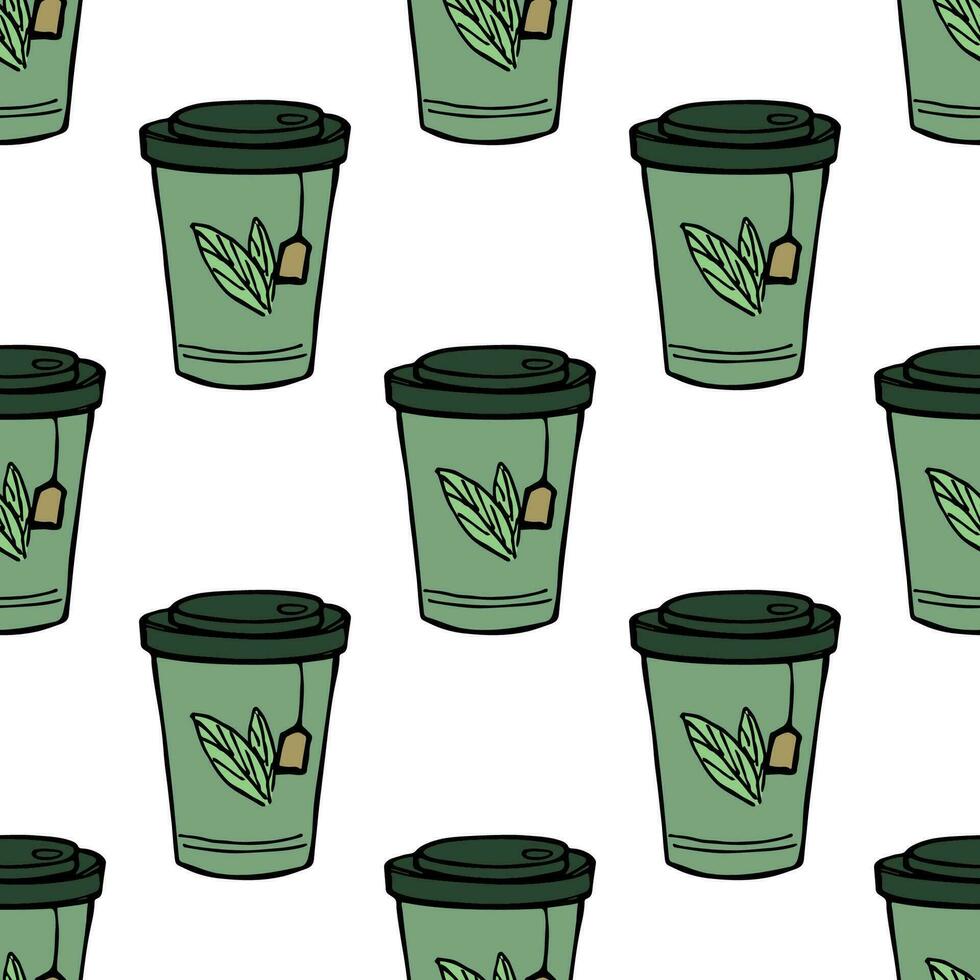 Seamless pattern with cute cup of tea or coffee doodle for decorative print, wrapping paper, greeting cards, wallpaper and fabric vector