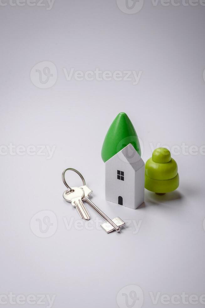 A small wooden house and keys as an idea for investing in your own home photo