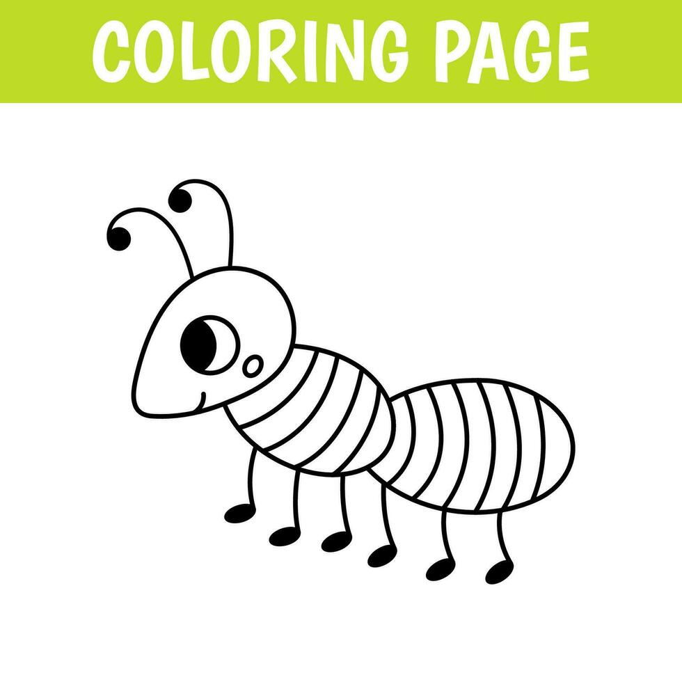 Insect coloring page, cute print with line ant. Printable worksheet with solution for school and preschool. Vector cartoon illustration.