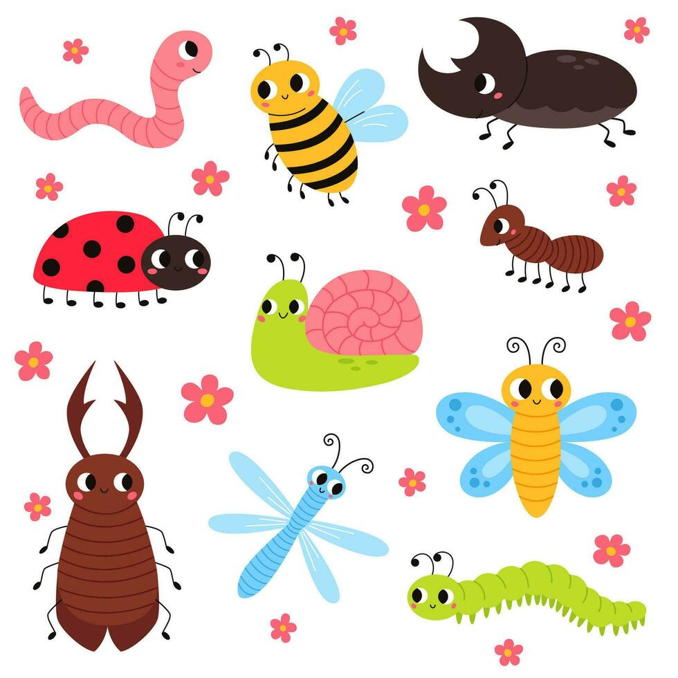 conjunto de linda jardín insectos, insectos. caracol, mariposa, escarabajo ciervo, libélula, gusano, mariquita, abeja, rinoceronte escarabajo, hormiga y oruga para niños. gracioso infantil caracteres. vector