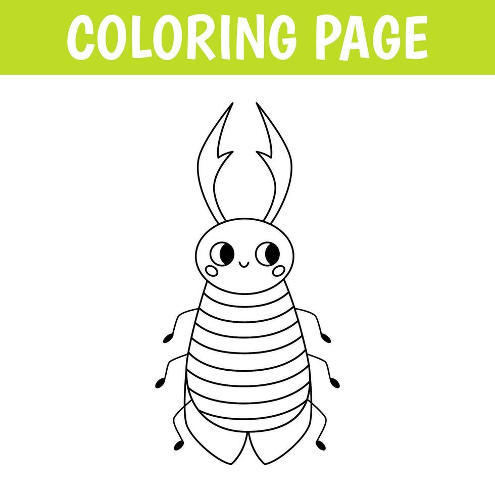 Insect coloring page, cute print with line stag-beetle. Printable worksheet with solution for school and preschool. Vector cartoon illustration.