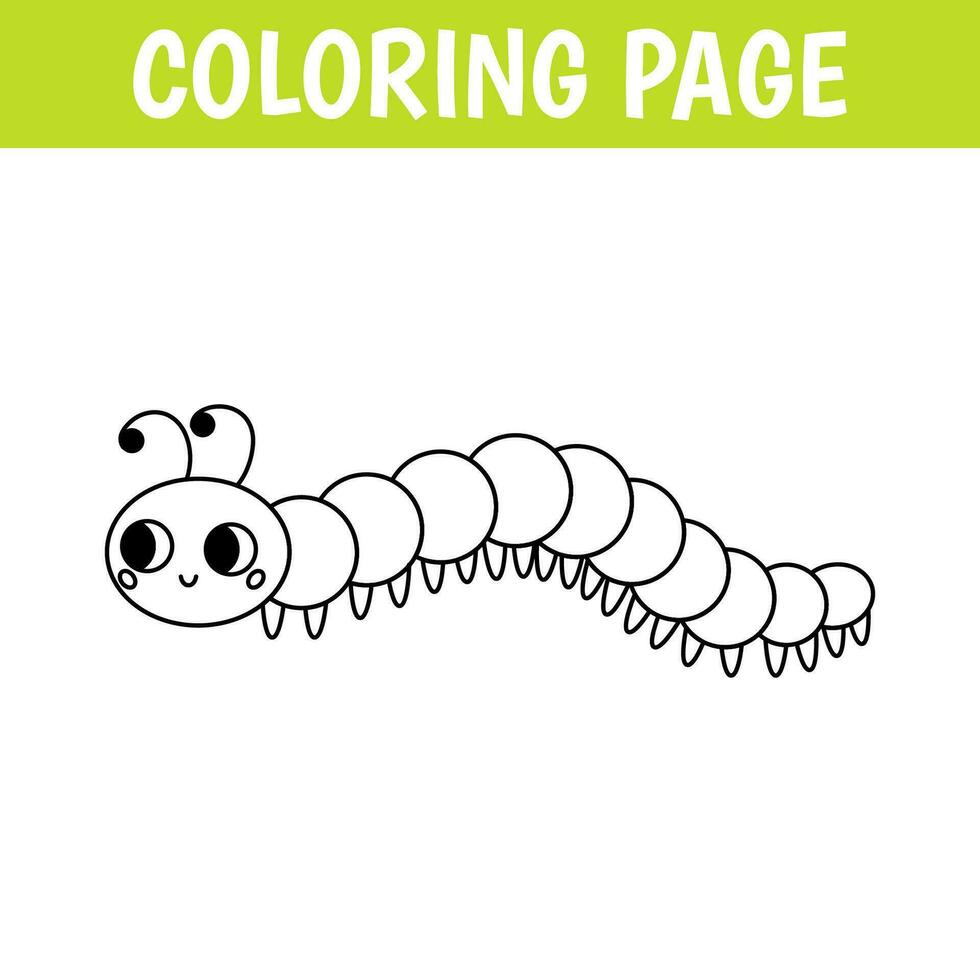 Insect coloring page, cute print with line caterpillar. Printable worksheet with solution for school and preschool. Vector cartoon illustration.