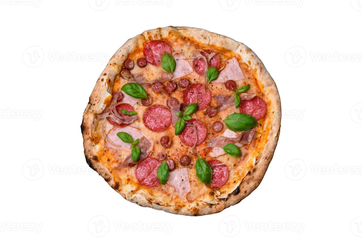 Delicious fresh oven baked pizza with salami, meat, cheese, tomatoes photo