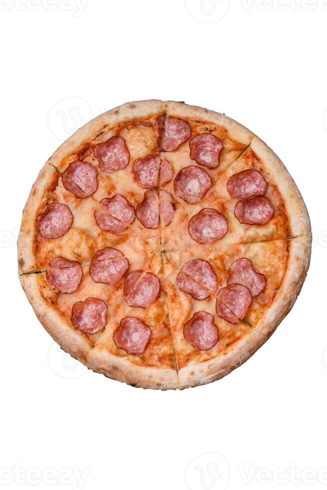 Tasty fresh pizza with salami, cheese, tomatoes, spices and salt photo