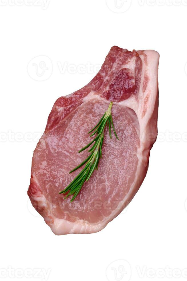 Raw pork on the bone or rib sliced with salt, spices and herbs photo
