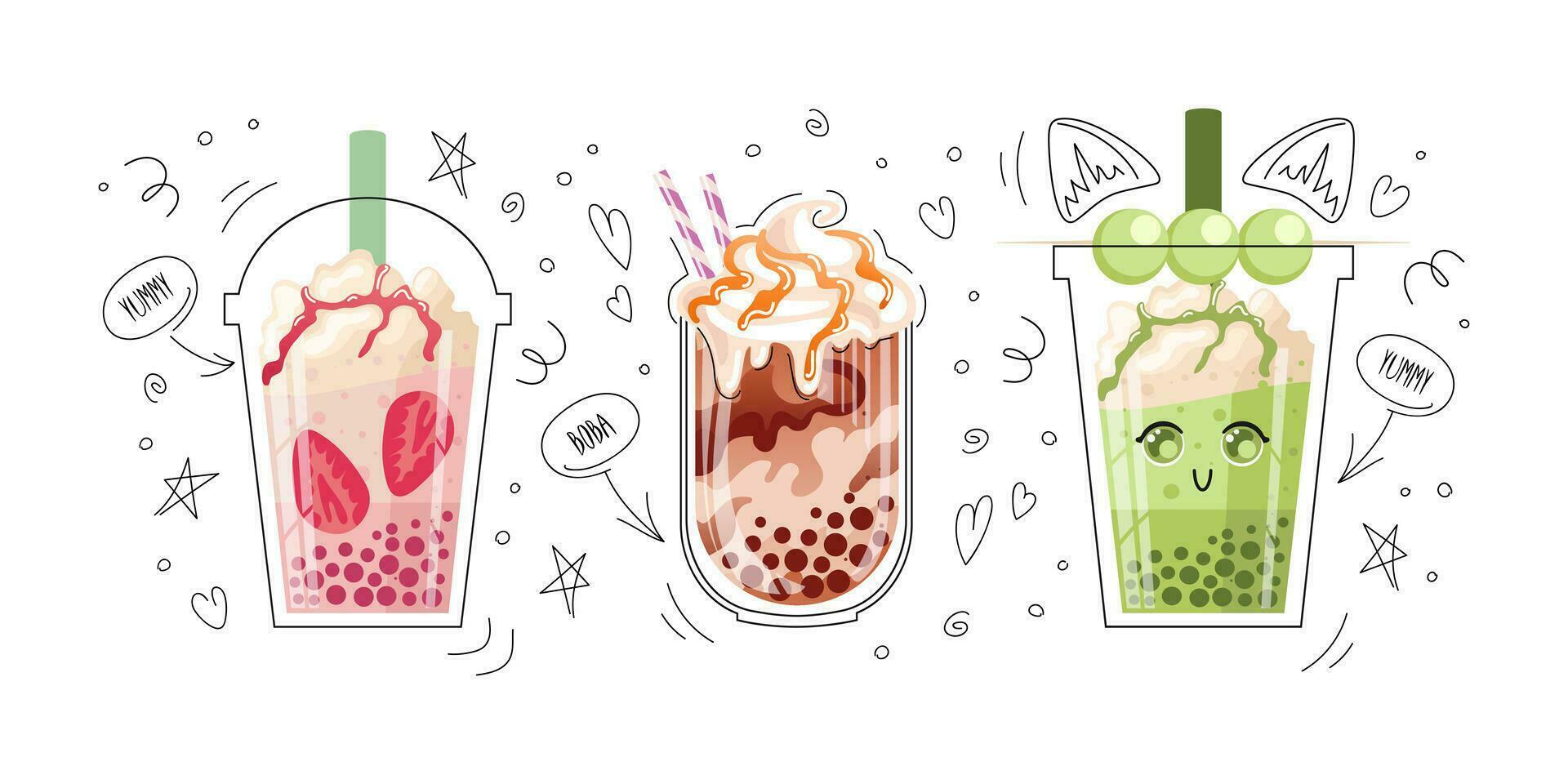 Set bubble tea, pearl milk tea, boba, Taiwans drink. Matcha Dango balls on a stick. chewy tapioca balls grass jelly, red bean. With whipped cream and caramel, berry topping. For menu, cafe, flyer. vector