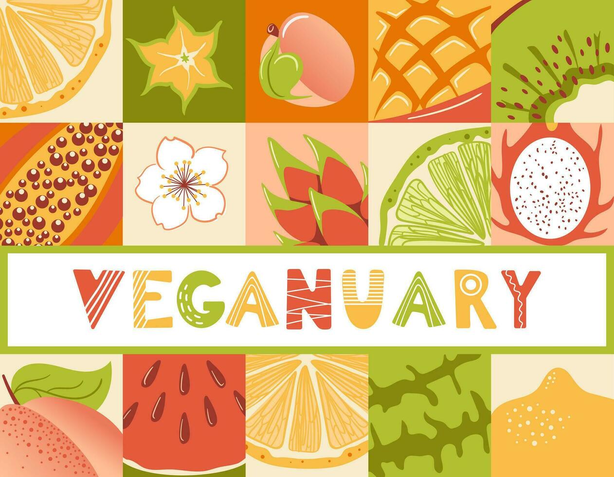 Veganuary. Cartoon Banner. Tropical exotic fruits. Fresh lemon, lime wedges, watermelon, pitahaya dragon, star fruit, papaya, mango and kiwi. Healthly food. Peach Fuzz. Lettering in Scandinavian style vector