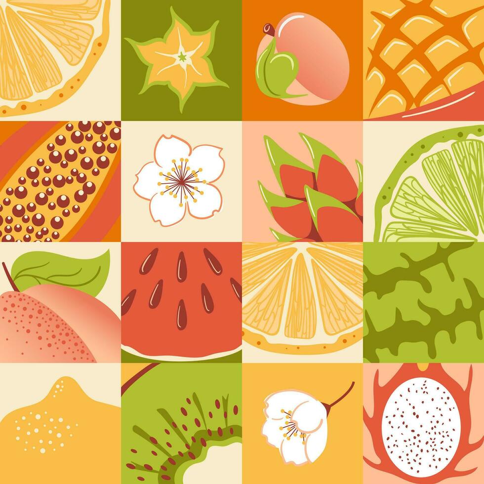 Tropical exotic fruits. Veganuary. Seamless pattern. Fresh lemon and lime wedges, watermelon, pitahaya dragon, star fruit and papaya, mango and kiwi. Healthly food. Peach Fuzz. For menu, cafe, flyer. vector