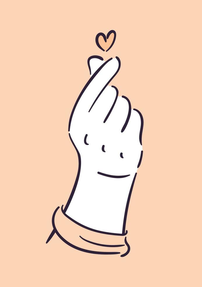 Finger Heart. Happy Valentines Day. Hand gesture depicting love. Vector illustration in a sketchy minimalistic style. For posters, postcards, website, banners, design elements. Peach Fuzz.