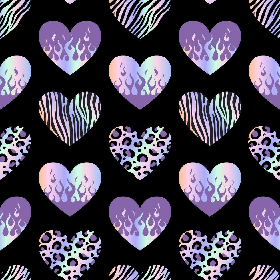 Metallic holographic Y2k sticker for Valentines Day. Seamless pattern. Shining gradient heart on fire, animalistic pattern. Zebra, leopard, tiger. foil in 2000s style. Flame. Aesthetics 90s, 00s. vector