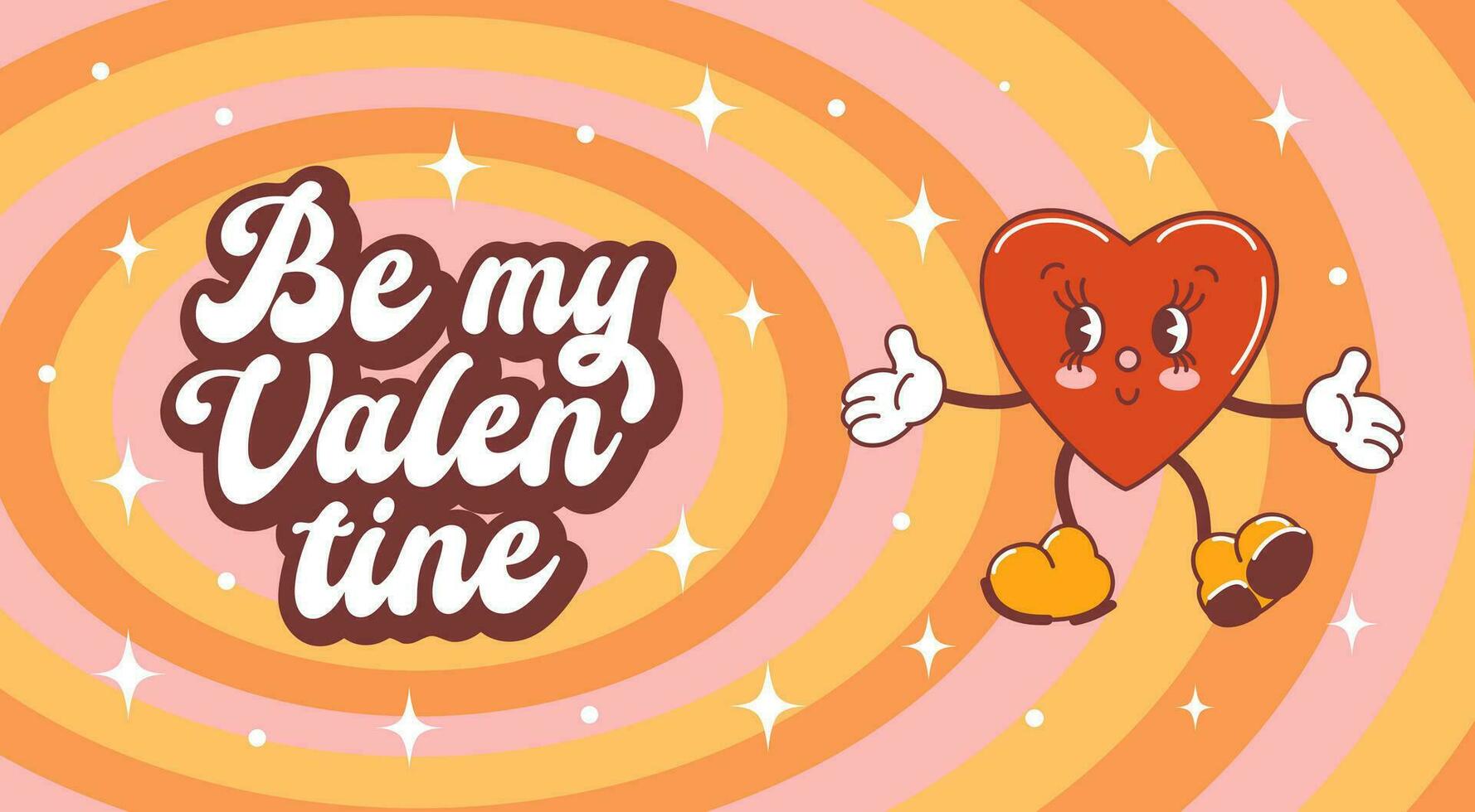 Horizontal banner for Valentines Day. Funny cute smiling heart character with face. Comic elements in trendy old retro cartoon style. For advertising, poster, flyer. vector