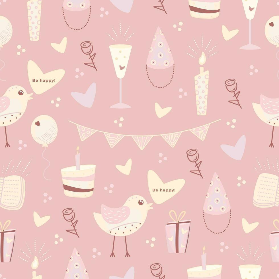 Cute birthday seamless pattern in scandinavian style, festive kawaii background in light pink and yellow colors vector