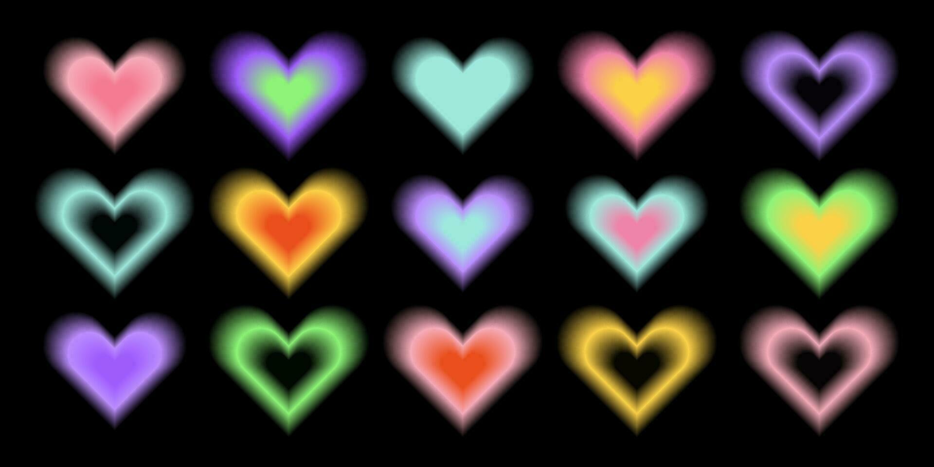 Y2k aesthetic blurred gradient aura hearts. Trendy set of modern blurry figures in brutalism style on black background. Romantic transparent heart elements for social media, posters, ads vector