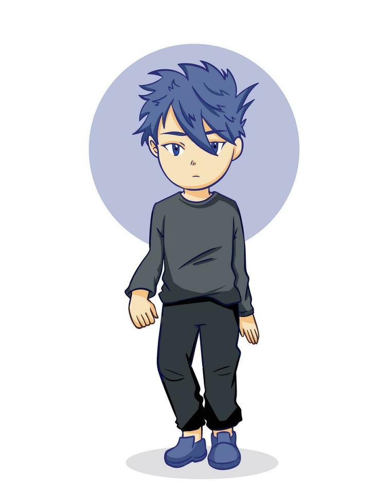 Cool chibi cartoon outlined styled young teenager boy with dark clothes and blue colored hair character vector illustration drawing isolated on vertical white background ratio.