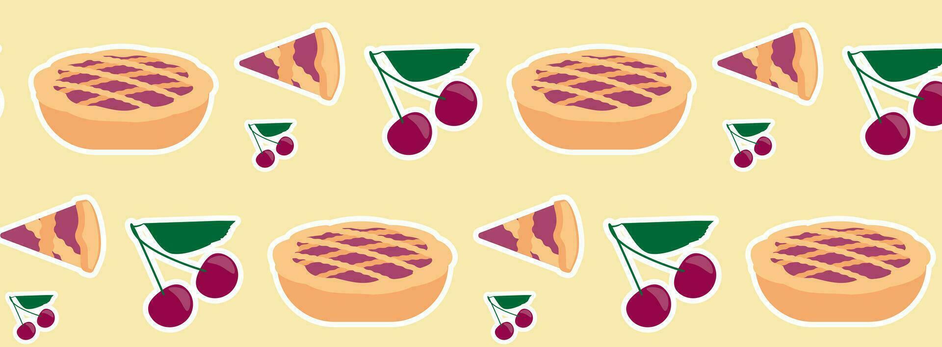 Vector seamless pattern with pies and cherries, delicious round dessert. Top view of the pie.