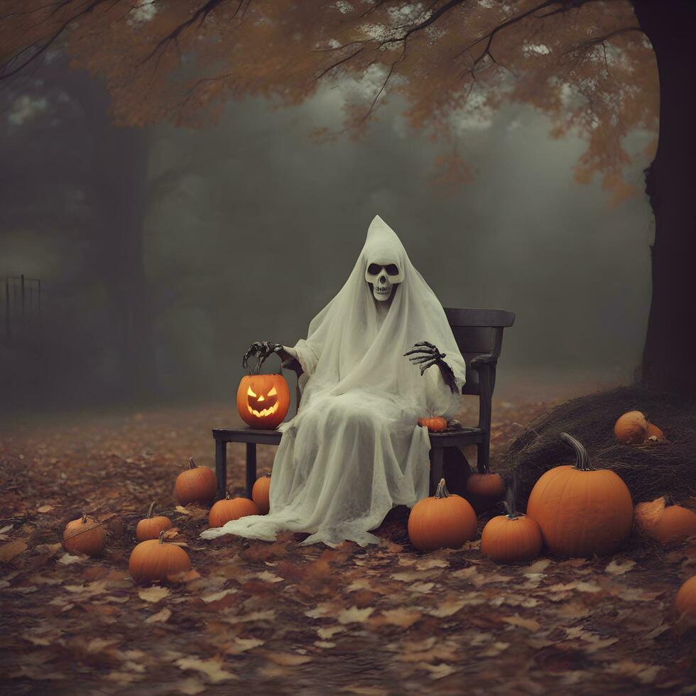 ai generado Víspera de Todos los Santos fantasma sentado en banco con calabaza foto