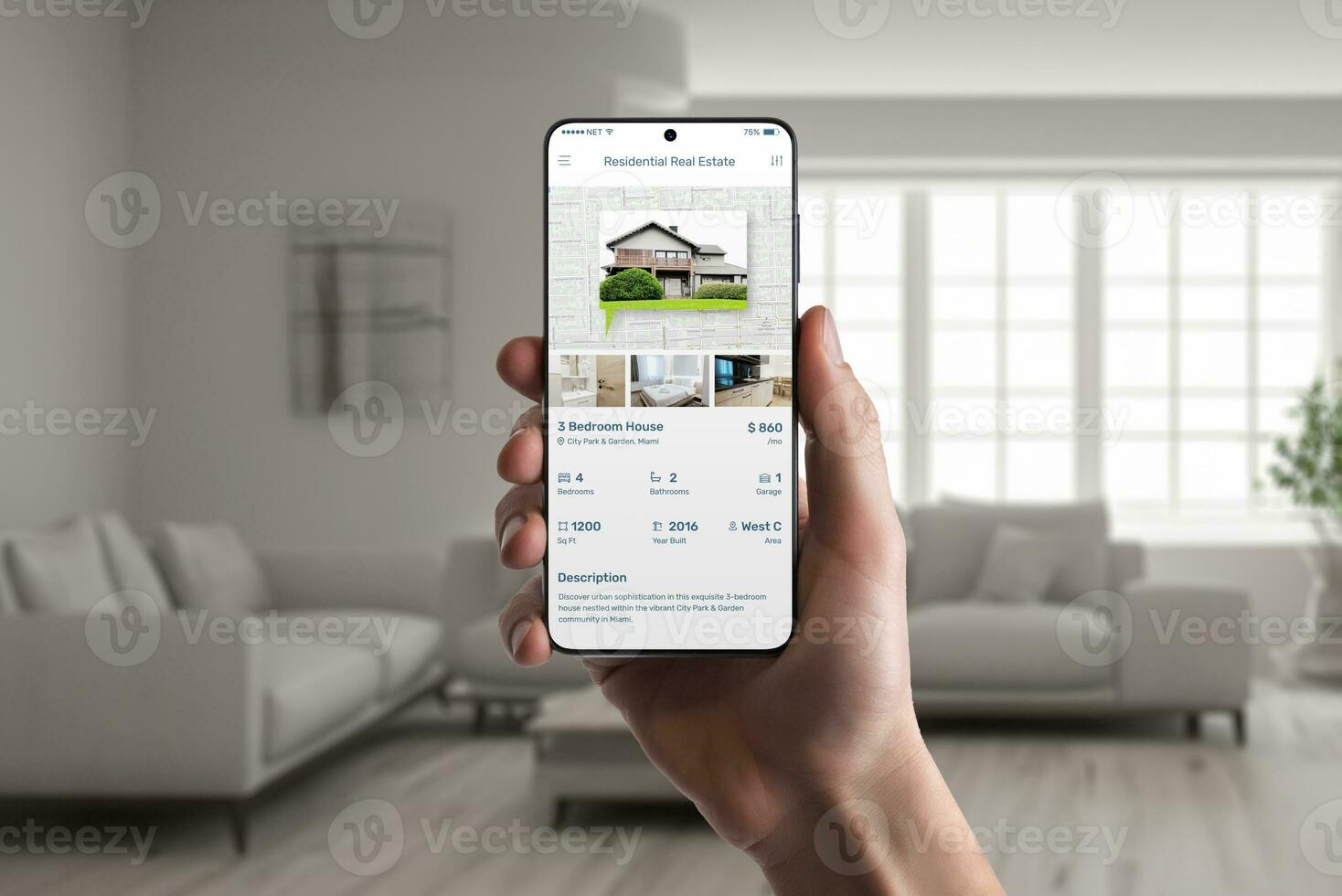 AI generated Real estate app on phone display in man hand. Property listings for an effortless home search experience photo