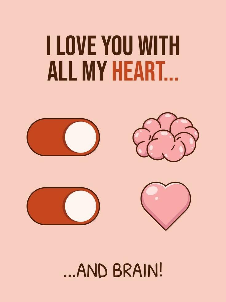 San Valentín día tarjeta con corazón y cerebro modo palanca. dibujos animados estilo. vector