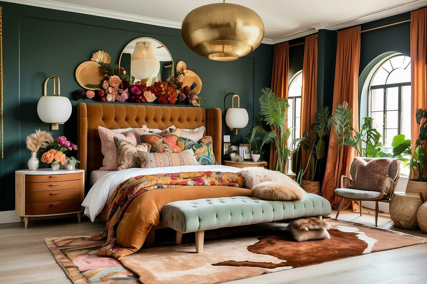 AI generated Chic Earth Tone Maximalist Master Bedroom Decor photo