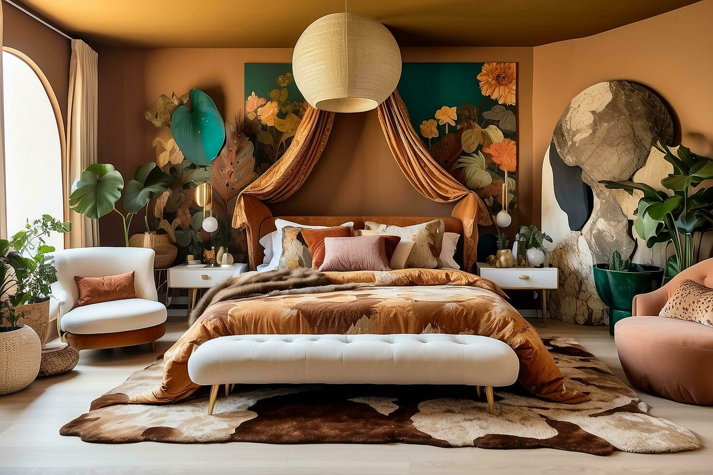 AI generated Chic Earth Tones Maximalist Master Bedroom Decor photo