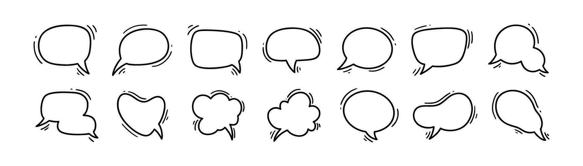Doodle blank speech bubble set. Comic talk cloud and balloon icons. Speak, think, chat, conversation, dialog, discussion cartoon hand drawn concept. Space for text. Manga style vector