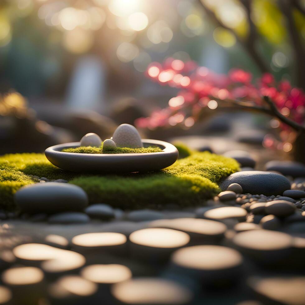 AI generated a small bowl with moss and stones on a rock photo