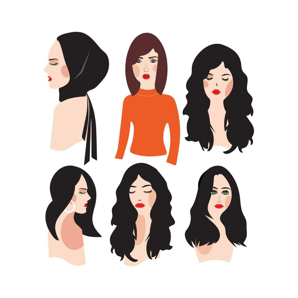 Beautiful young  woman face with closed eyes vector portrait. Profile of a woman illustration. Fashion woman. Avatar for social media. Bright vector illustration in flat style.