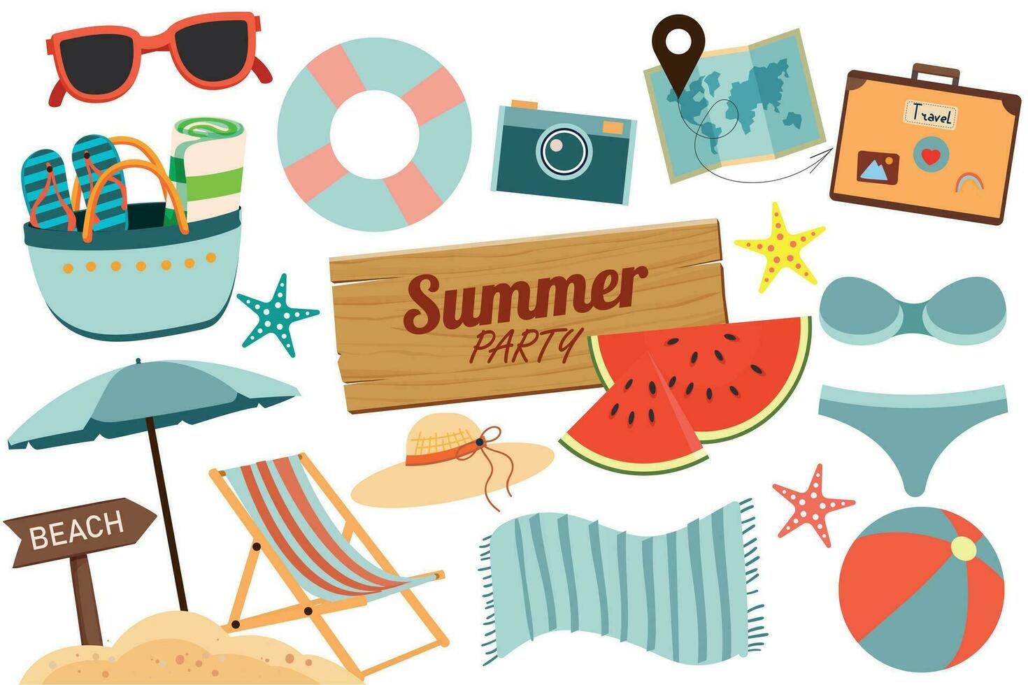 Cute Summer Stickers Set . Set of tropical summer stickers. Seasonal elements collection. Summer set of elements swimsuit, sunglasses, sun lounger with umbrella, swimming circle, fruit, ice cream vector