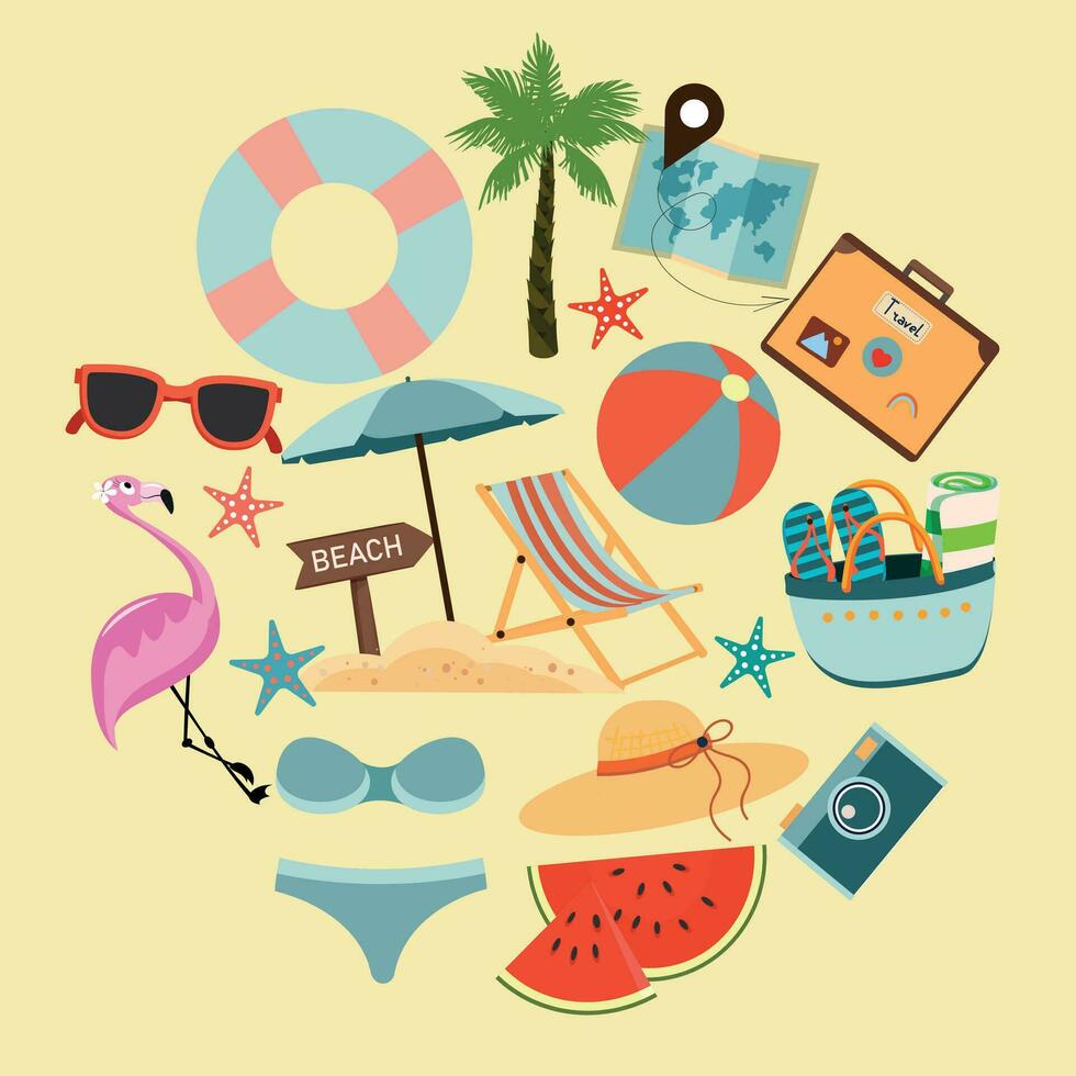 Big summer set. Summer set of cute elements swimsuit, sunglasses, sun lounger with umbrella, swimming circle, hat, fruit, ice cream, cocktail, flamingo. Cartoon vector illustration.